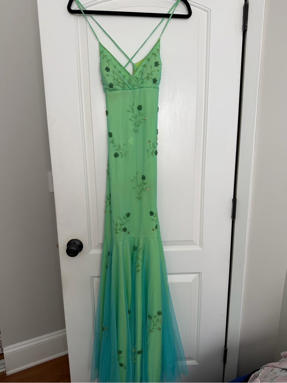 City Triangles Lime Green Beaded Floral Spaghetti-Strap Maxi Dress